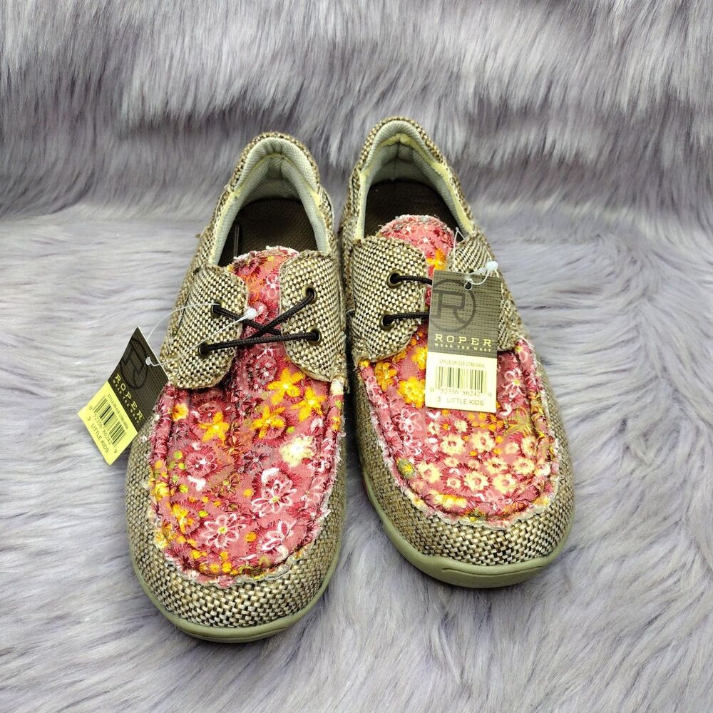 NEW Roper Chillin Loafers Tooled Floral Slip On Shoes Girls Kids Size 3 Brown